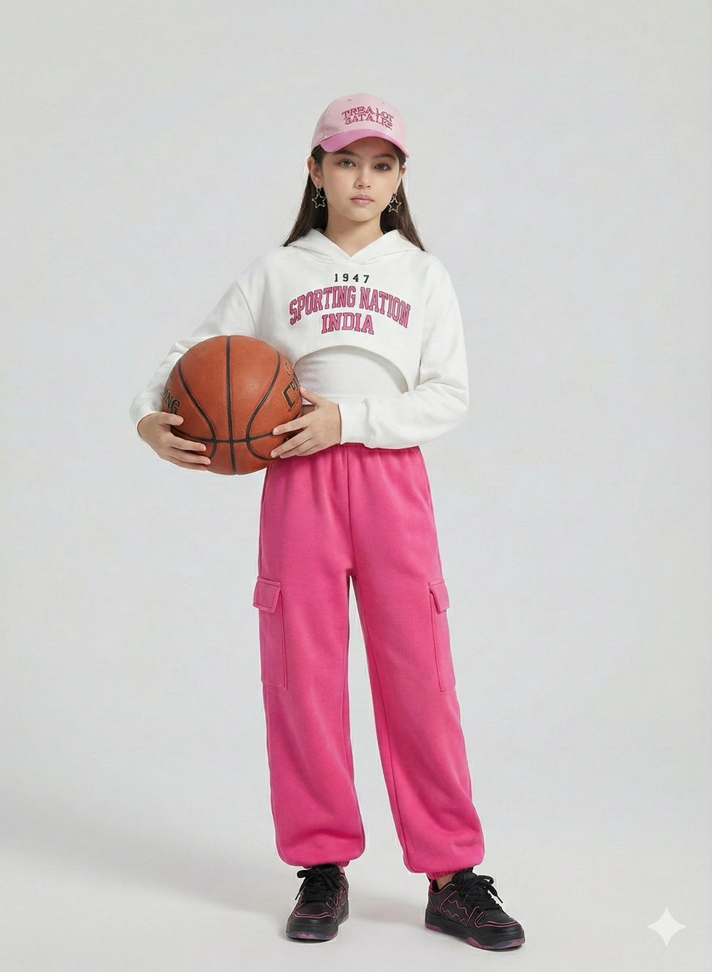 Girl wearing white cropped hoodie and pink cargo joggers holding a basketball – Sporting Nation India