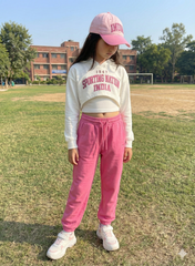 Sporting Nation Girls White & Pink Cropped Hoodie & Cargo Joggers Athleisure Set