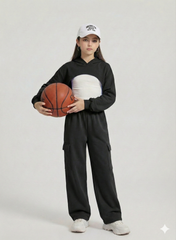 Girls Black & White Cropped Hoodie With Black Cargo Joggers – Athleisure Set