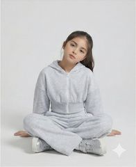 Sporting Nation Girls’ Premium Cropped Hoodie & Wide-Leg Jogger Set – Light Grey