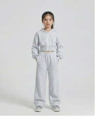 Sporting Nation Girls’ Premium Cropped Hoodie & Wide-Leg Jogger Set – Light Grey