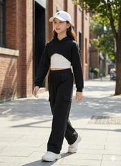 Girls Black & White Cropped Hoodie With Black Cargo Joggers – Athleisure Set