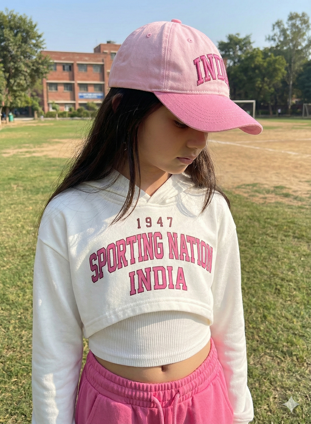 Person wearing a white hoodie with 'Sporting Nation India' text and pink cap on a grassy field.
