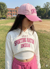 Person wearing a white hoodie with 'Sporting Nation India' text and pink cap on a grassy field.
